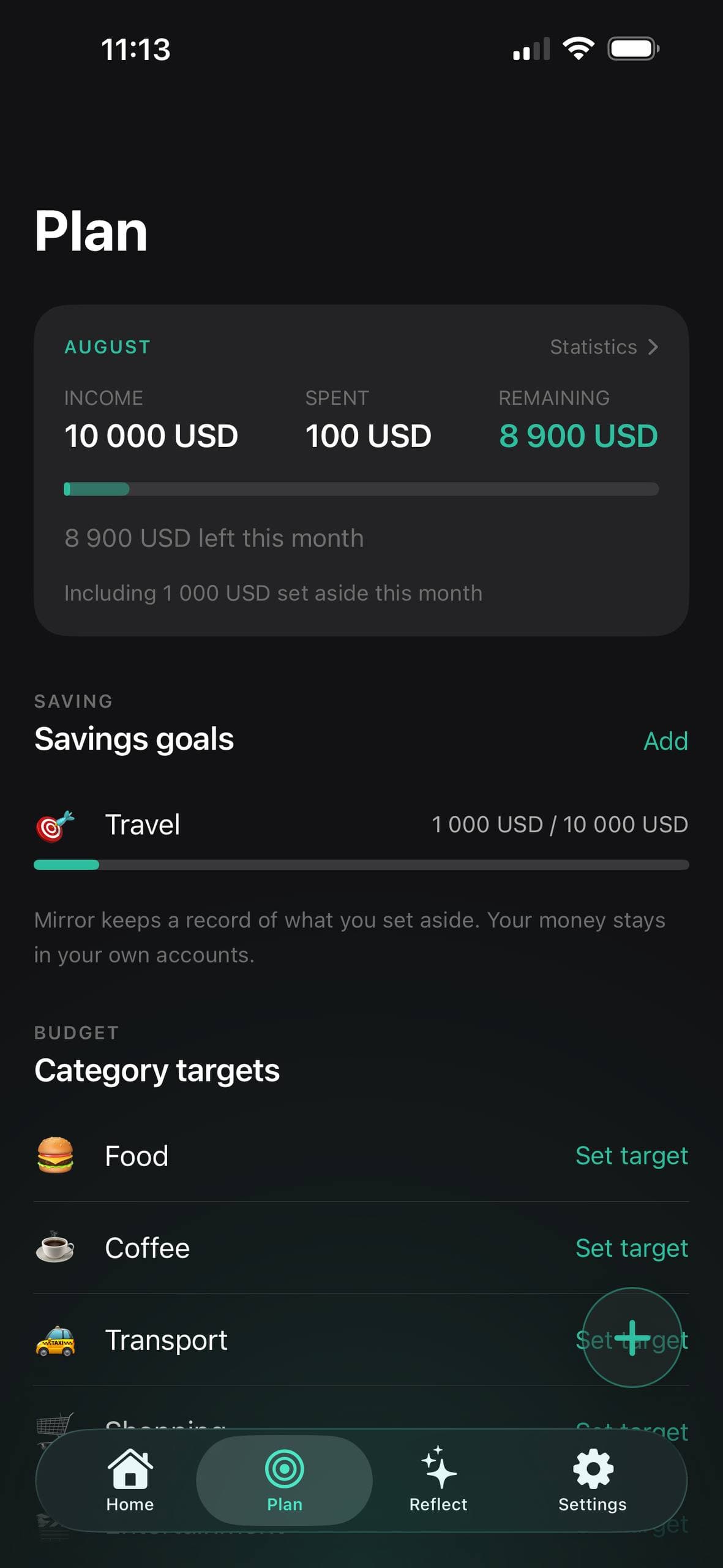Mirror's Plan screen with savings goals and per-category targets