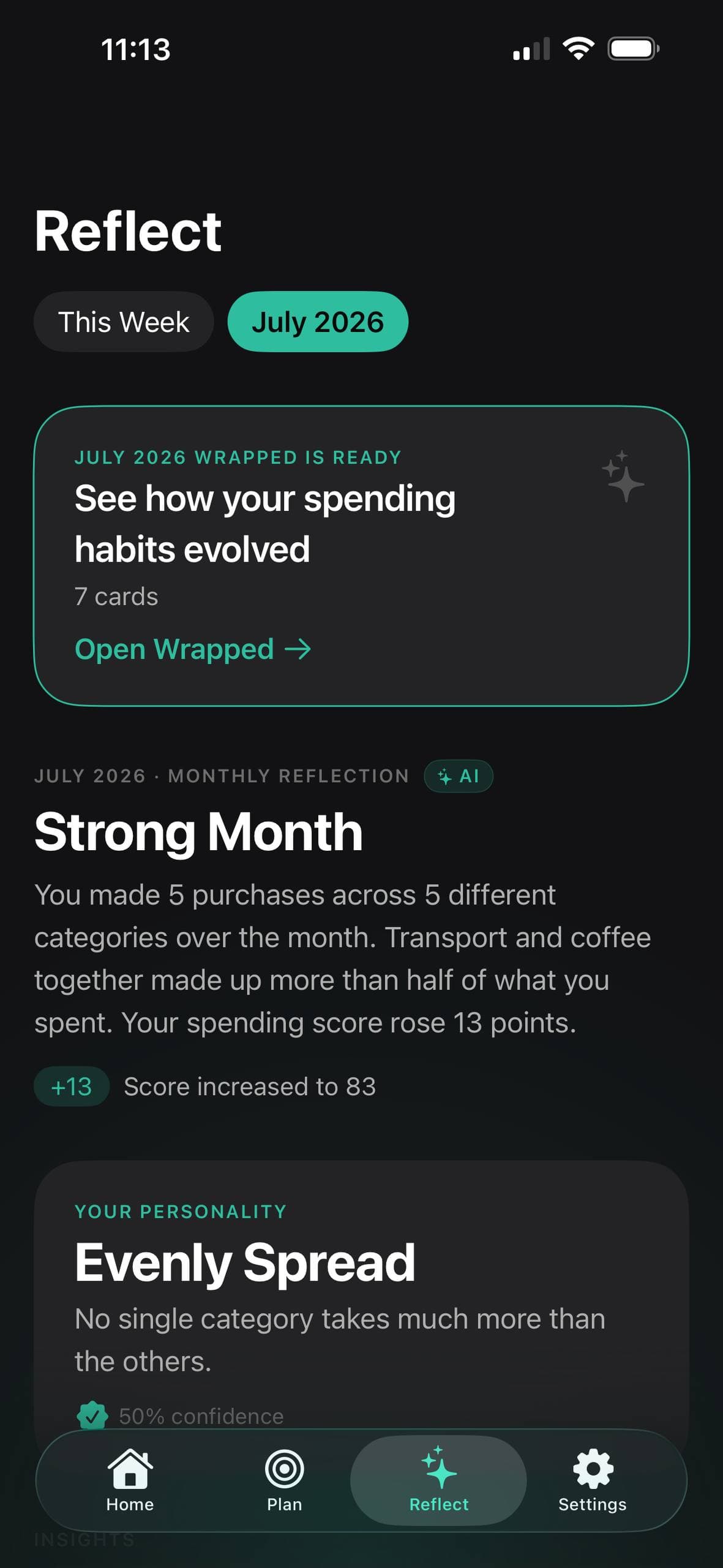 Mirror's Reflect screen showing an AI-written monthly reflection titled Strong Month