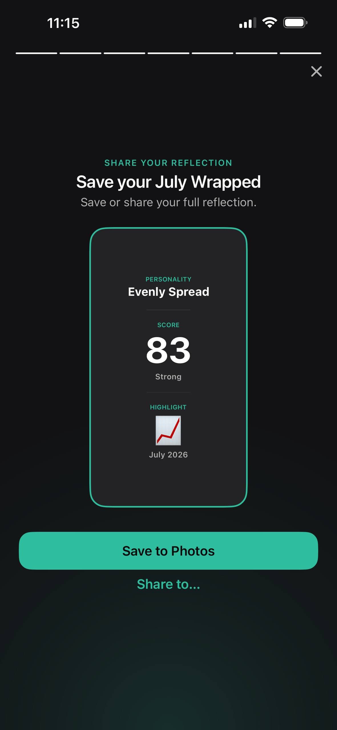 A Mirror Wrapped share card showing a score of 83 with a Save to Photos button